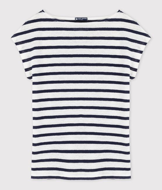 Gestreept dames-T-shirt in linnen wit LAIT/blauw SMOKING