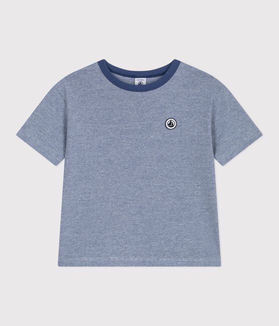 Katoenen kinder-T-shirt met korte mouw en streepjes blauw CREPUSCULE/ MARSHMALLOW