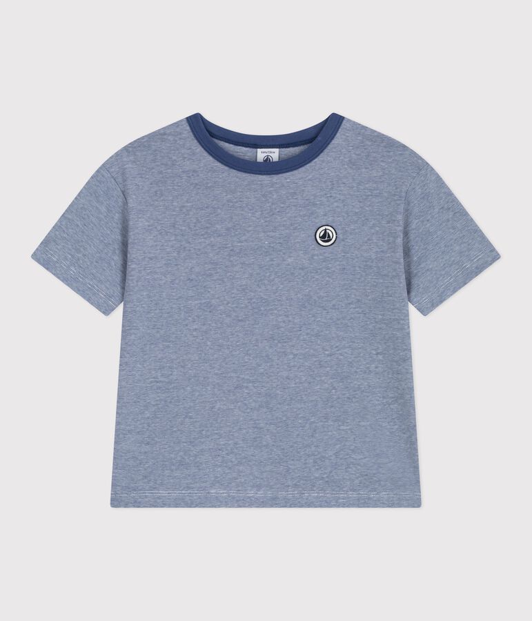 Katoenen kinder-T-shirt met korte mouw en streepjes blauw/wit