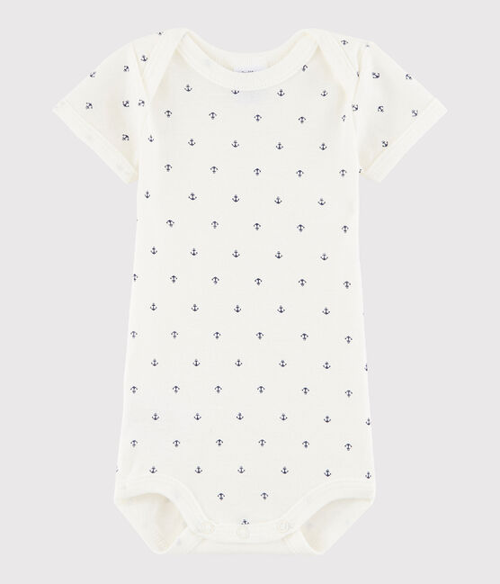 Rompertje met korte mouwen babyjongen wit LAIT/blauw MEDIEVAL