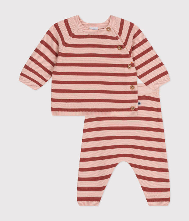 Ensemble 2 pi&egrave;ces en tricot de coton b&eacute;b&eacute; rose/marron