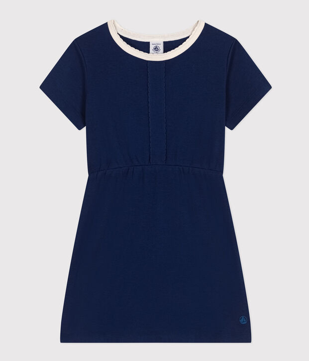 Robe manches courtes en coton enfant fille bleu fonc&eacute;