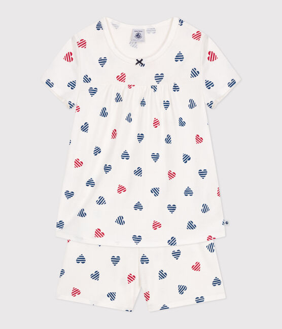 Korte katoenen pyjama met hartjesprint voor kinderen wit MARSHMALLOW/wit MULTICO
