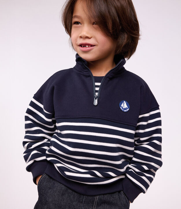 Katoenen sweatshirt met strepen en schipperskraag voor kinderen blauw/wit