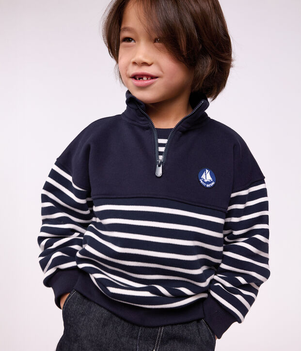 Katoenen sweatshirt met strepen en schipperskraag voor kinderen blauw/wit