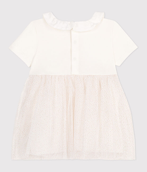 Robe b&eacute;b&eacute; en coton et tulle manches courtes et colerette blanc/rose