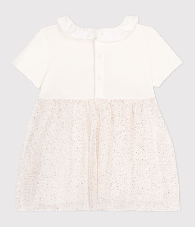 Robe b&eacute;b&eacute; en coton et tulle manches courtes et colerette blanc/rose