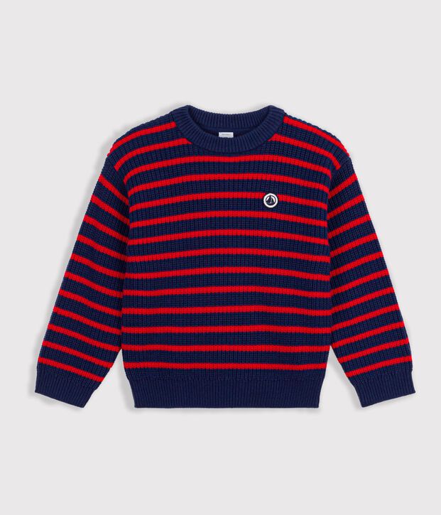Pull enfant en laine et coton &agrave; rayures bleu/rouge