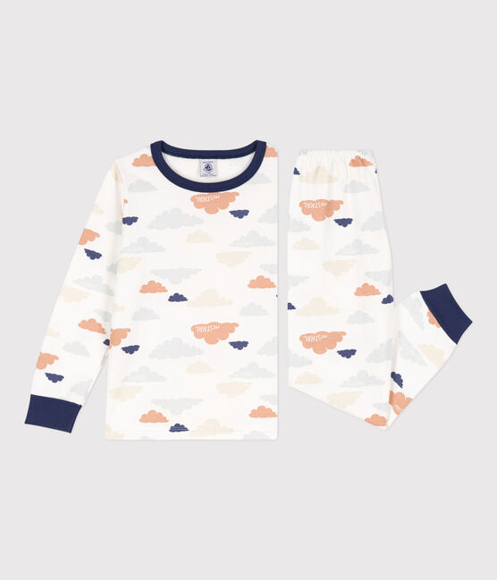Jongens/meisjespyjama met wolkenprint in molton wit MARSHMALLOW/wit MULTICO