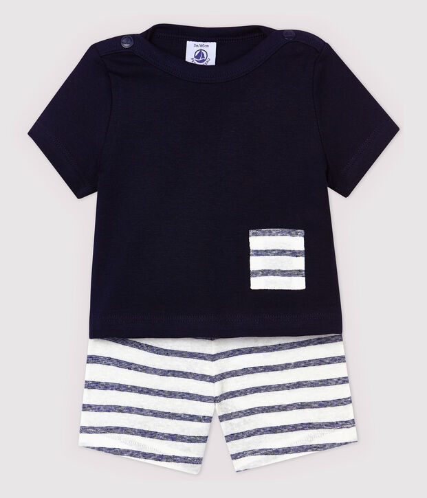 Katoenen linnen T-shirt/short voor babyjongens blauw/wit