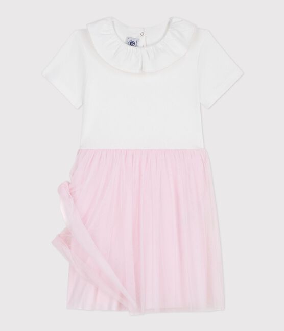 Robe enfant manches courtes en coton et tulle à motif cœurs rose ECUME/ BARELY