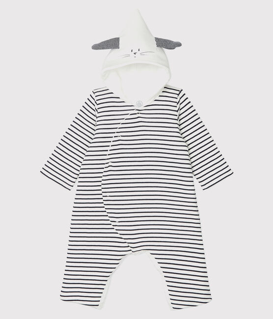 Lange gestreepte jumpsuit met capuchon voor baby's, van biologisch katoen wit MARSHMALLOW/blauw SMOKING