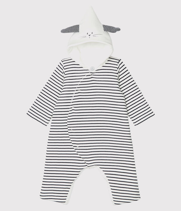Combinaison longue ray&eacute;e &agrave; capuche b&eacute;b&eacute; en coton biologique blanc/bleu