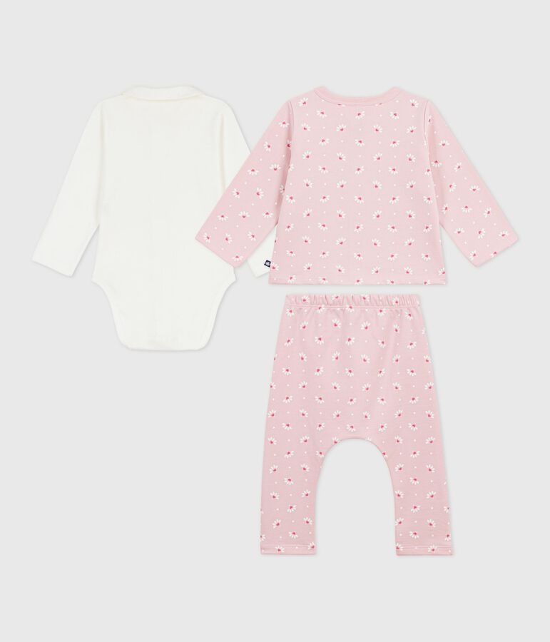 Driedelig babysetje met bloemetjesprint en body met borduursel roze/multicouleur