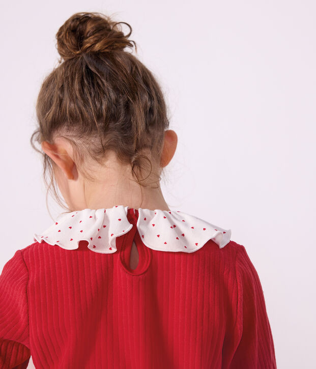 Effen fluwelen kinderpyjama van ribstof met kraagje rood