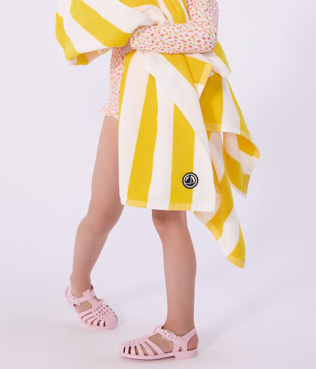 Serviette de plage en coton &eacute;ponge &agrave; rayures jaune/blanc