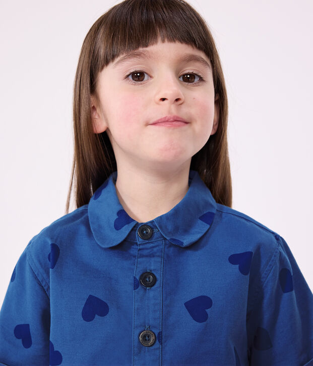 Katoenen kinderjurk met korte mouwen en hartjes blauw/blauw