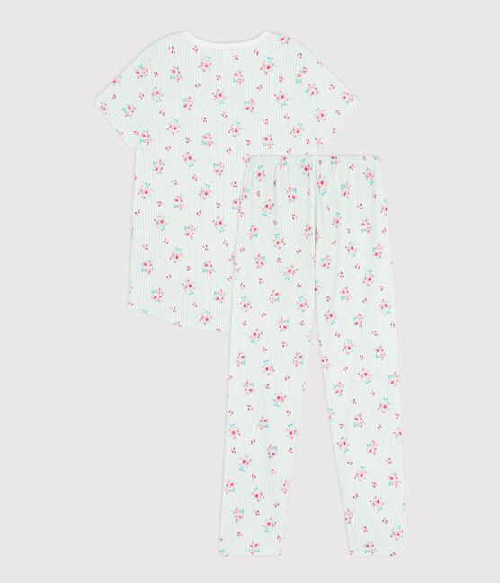Pyjama enfant en coton manches courtes jambes longues fleuri blanc MARSHMALLOW/blanc MULTICO