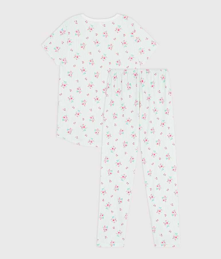 Katoenen kinderpyjama met korte mouwen en lange pijpen met bloemenprint wit/multicouleur