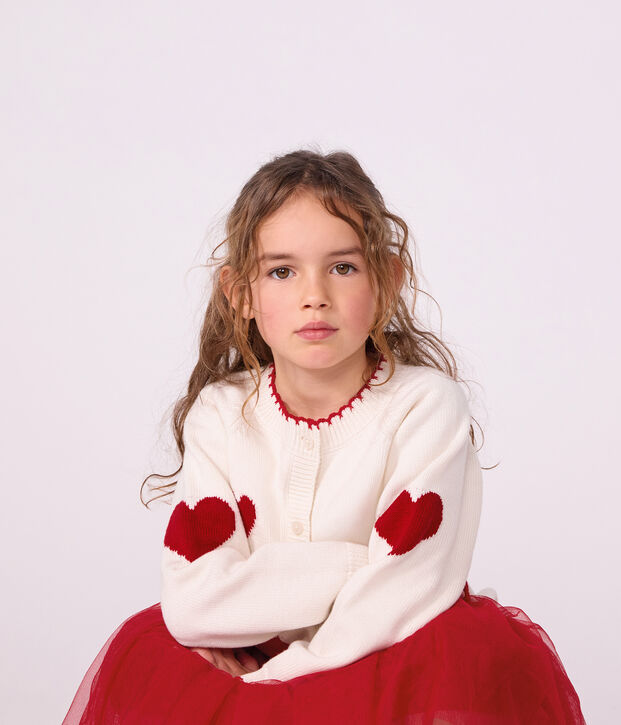 Cardigan enfant en laine et coton &agrave; motifs blanc/rouge