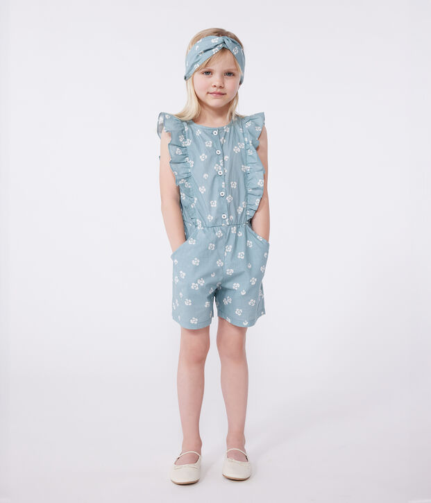 Mouwloze katoenen kinderjumpsuit met bloemenprint groen/wit
