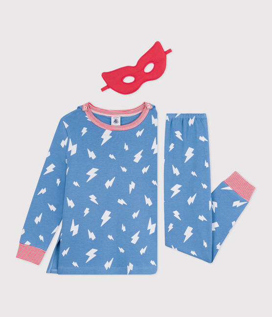 Korte lichtgevende verkleedpyjama van katoen met cape voor kinderen blauw ALASKA/wit MULTICO