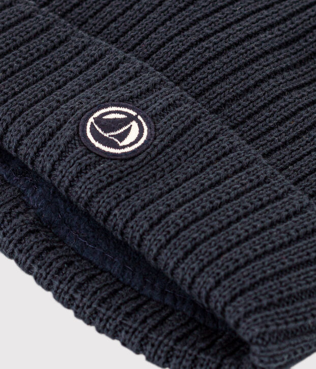 Bonnet en tricot doubl&eacute; en polaire enfant gar&ccedil;on-fille bleu marine