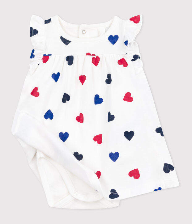 Katoenen babyjurk met korte mouwen en ge&iuml;ntegreerde body met driekleurig hartje wit/multicouleur