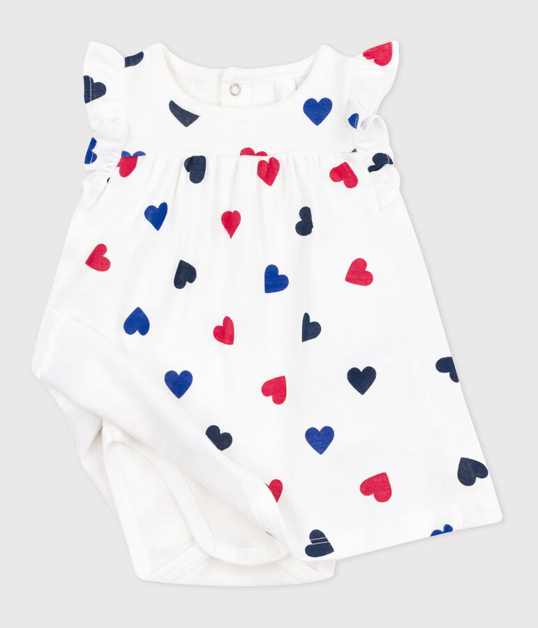 Katoenen babyjurk met korte mouwen en ge&iuml;ntegreerde body met driekleurig hartje wit/multicouleur