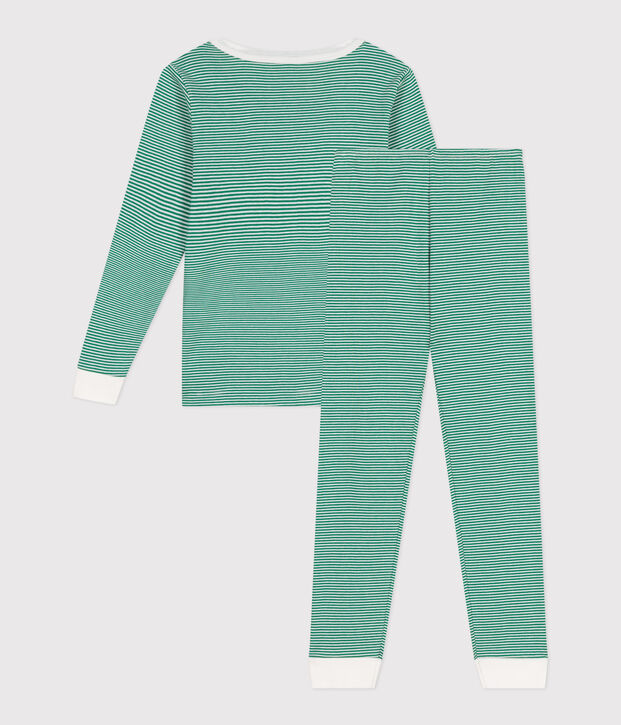 Pyjama tr&egrave;s ajust&eacute; enfant en coton &agrave; rayures vert/blanc
