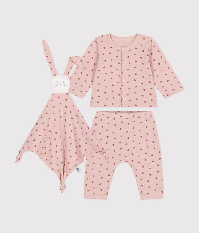 Babysetje met vestje, broek en knuffeldoekje van katoen roze/roze