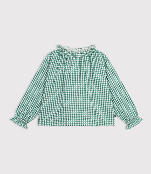 Katoenen kinderbloesje met kraag, lange mouwen en print groen/wit