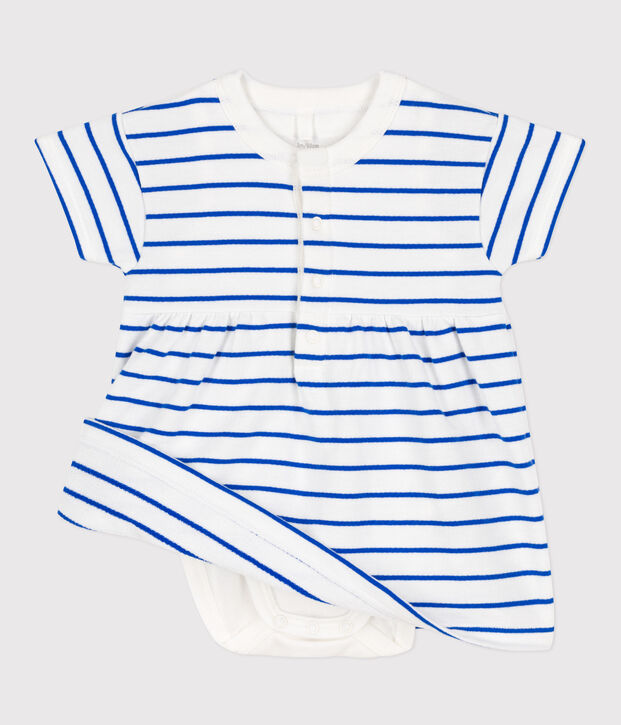 Jurk van molton met ge&iuml;ntegreerde body voor baby's wit/blauw