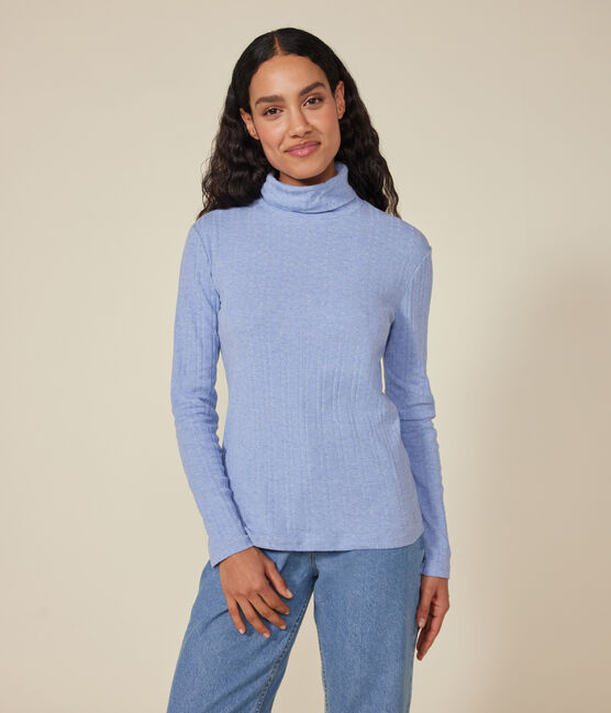 L'ICONIQUE, dames-T-shirt met rolkraag in ribstof blauw SKY CHINE