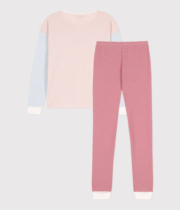 Katoenen  driekleurige damespyjama met milleraies-streepjes wit/multicouleur