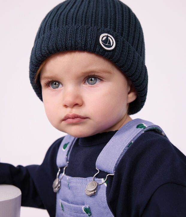Bonnet b&eacute;b&eacute; en tricot doubl&eacute; en polaire bleu marine