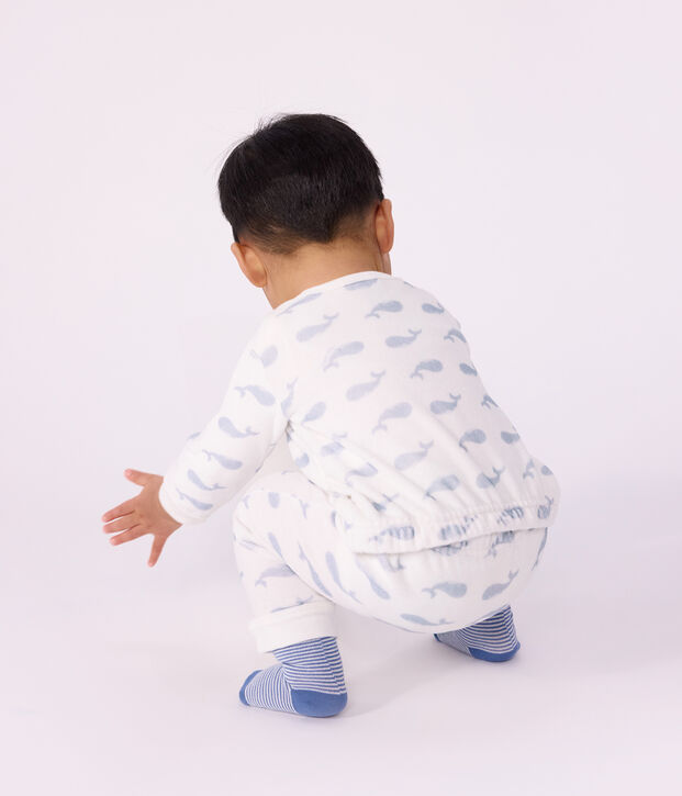 Pyjama b&eacute;b&eacute; en velours ouverture sans pression imprim&eacute; baleine blanc/bleu