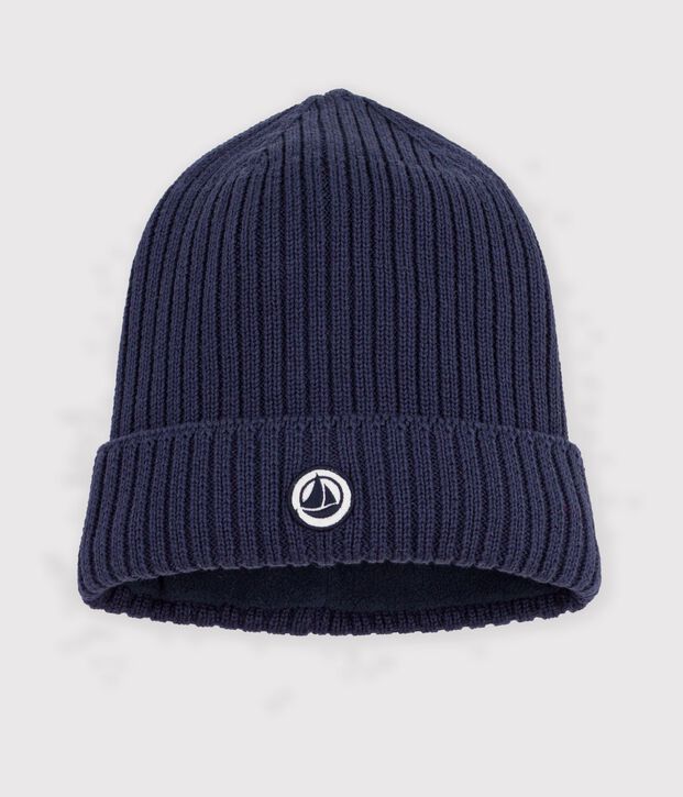 Bonnet enfant mixte en coton doubl&eacute; polaire bleu marine