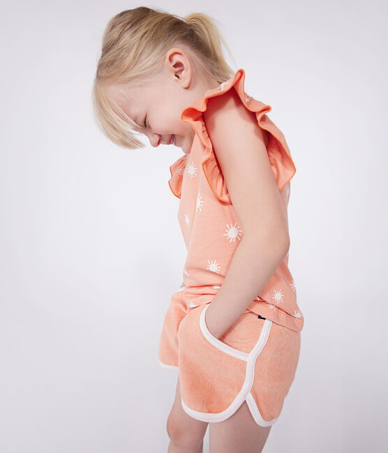 Katoenen T-shirt met korte mouwen en print voor kinderen oranje ABRICOT/ MARSHMALLOW