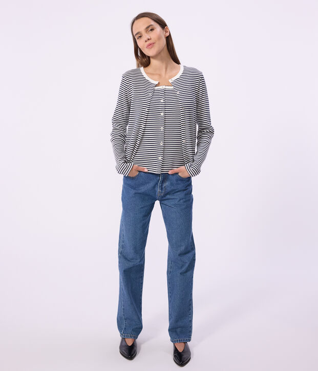 Katoenen damescardigan met strepen blauw/wit