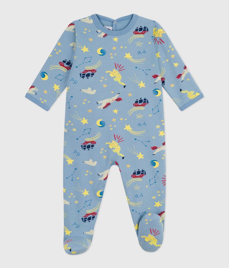 Babypyjama van geruwde fleece met opening op de rug en print blauw/wit