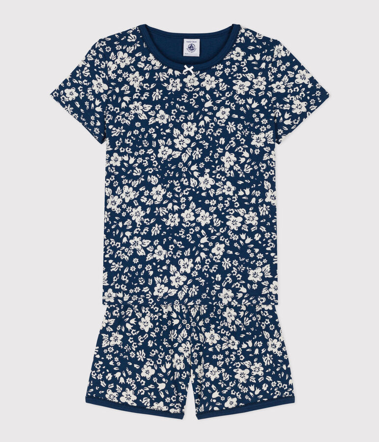 Pyjacourt fleur petite fille en coton bleu/blanc