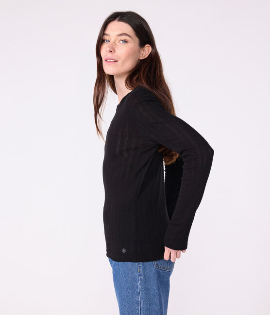 T-shirt met lange mouwen in opengewerkt katoen voor dames - L'Iconique zwart BLACK