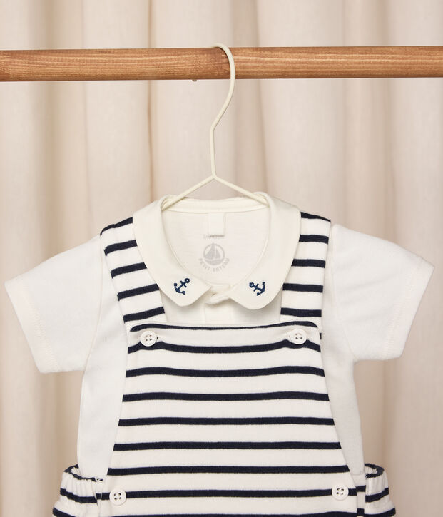 Ensemble 2 pi&egrave;ces b&eacute;b&eacute; en coton ray&eacute; et d&eacute;tails brod&eacute;s blanc/bleu