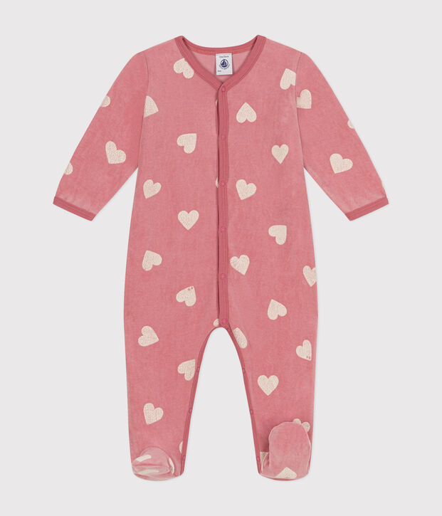 Fluwelen babypyjama met hartjesmotief roze/wit