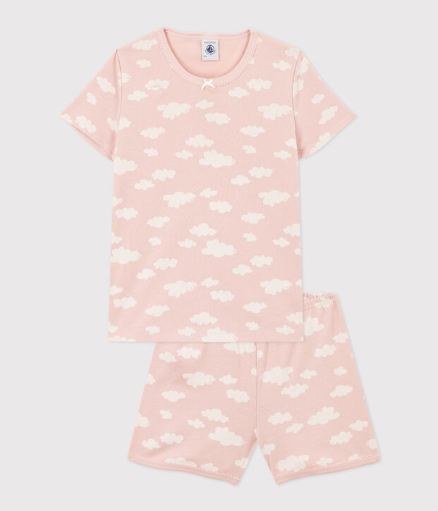 Korte meisjespyjama met wolken in fijn katoen roze/wit