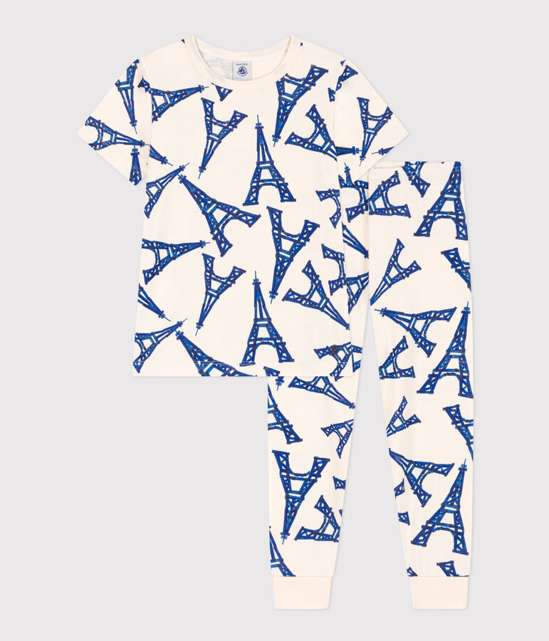 Pyjama manches courtes en coton enfant &eacute;cru/multicouleur