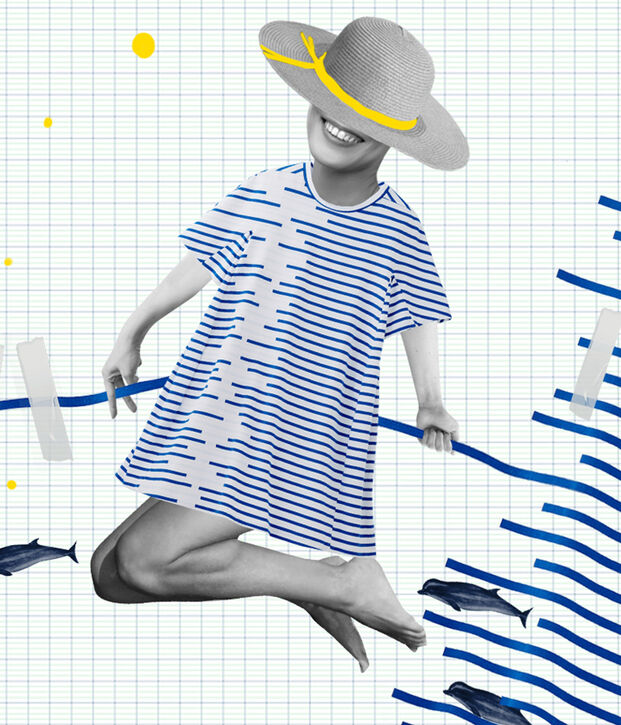 Nieuwe uitgave Hy&egrave;res jurk wit/blauw