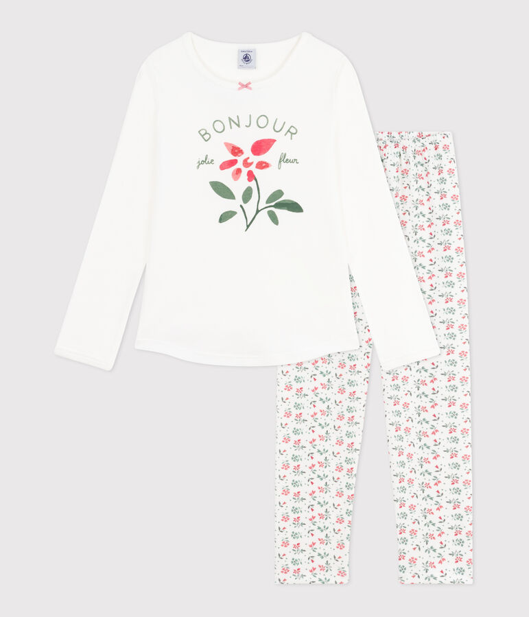 Pyjama enfant en coton imprim&eacute; fleuri blanc/multicouleur
