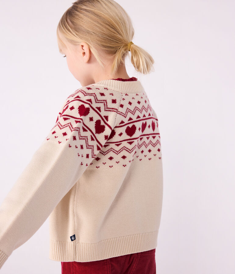 Cardigan enfant en laine et coton &agrave; motif jacquard &eacute;cru/rouge